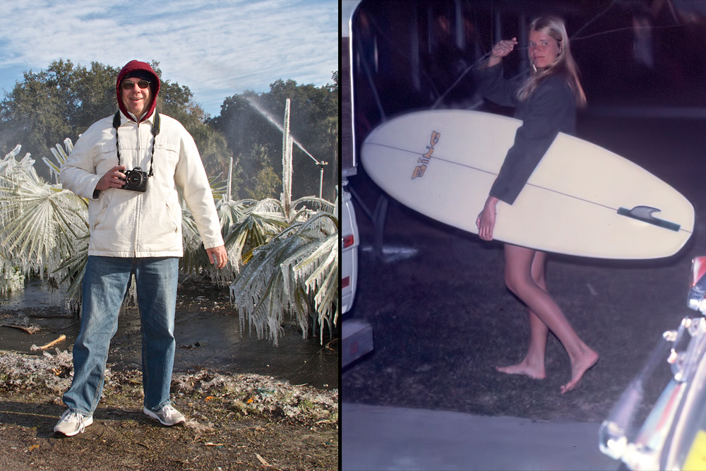 (Left) Nominated posthumously in the Media category, Rhode Island's Joe McGovern, who passed away last January while surfing, was New England's most valuable photographer, writer, and surf historian, as well as one of the finest shooters to call the East Coast home. (Right) A Gulf Coast trailblazer from the mid ’60s who is still very active as a surfer and local leader in beach access rights today, Brenda Stokes is nominated in the Women's surfing category. Left photo: Mez; Right photo: Courtesy Stokes